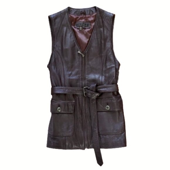 Brown Leather Vest Belted Riding Longline Safari Sleeveless Otello Pelle Small - Picture 10 of 16